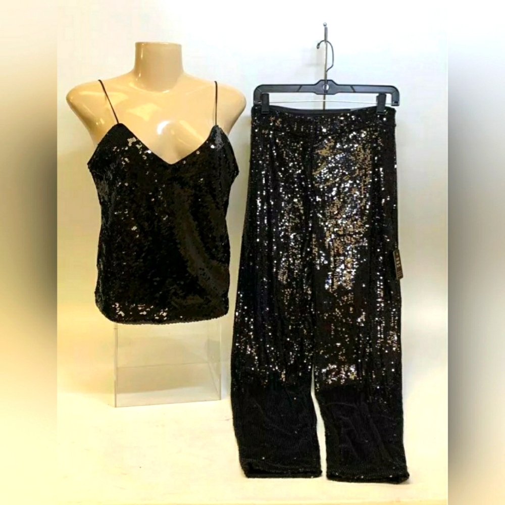 NEW Express Sequin Women's Black Two Piece Set Pant Suit Tank Top- Size S